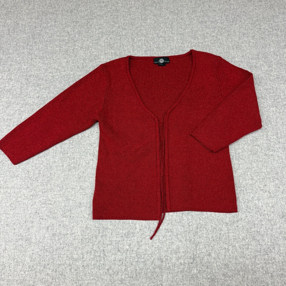 It's Our Time Cardigan Sweater Large Red Shimmer Lurex Ribbed Tie Front V-Neck L